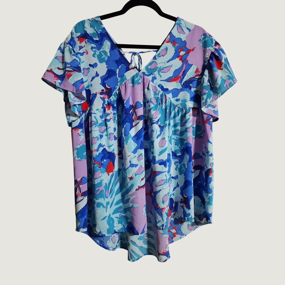 Unbranded‎ Babydoll Top Abstract Floral Print Large Blue Purple